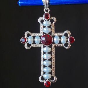 Nicky Butler 925 Sterling Silver Cross Pendant Garnet Pearl Designer NB 2.75"